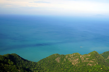 Panoramic view of blue sky, sea and mountain seen from Cable Car viewpoint, Langkawi Island, Malaysia
