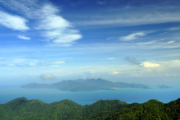 Fototapeta na wymiar Panoramic view of blue sky, sea and mountain seen from Cable Car viewpoint, Langkawi Island, Malaysia