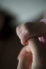 Newborn small hand holding mature finger
