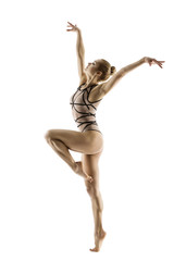 Obraz premium Gymnast Dancer, Woman Gymnastics Dancing Sport Dance, Young Girl in Leotard Isolated on White Background