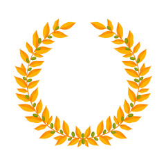 Gold laurel wreath. Vintage wreaths heraldic design elements with floral frames made up of laurel branches with green berries on white background. Symbol of winner or valor and mind.