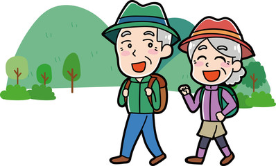 ハイキングに行くシニアのイラスト素材