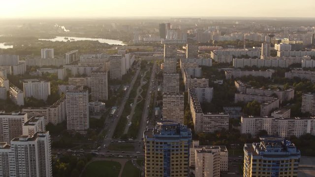 Aerial view Sunrise and Moscow district Strogino 4k