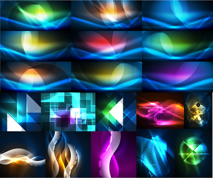Collection of neon glowing abstract backgrounds, magic energy templates set