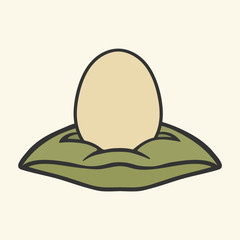 Egg on pillow vector image isolated on light background. Egg lies on cushion. Happy Easter sign. Small egg has a rest. Symbol of emergence of new life. Symbol of fragility and care, minimal style.