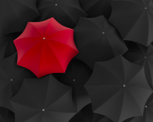 Top view of unique red umbrella standing out from the black crowd. 3d illustration