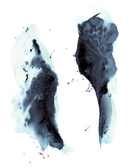 Abstract blue watercolor splotches. Dark water blue watercolor spots with the silhouette of woman. Hand-drawn watercolor illustration. Abstract fashion illustration.