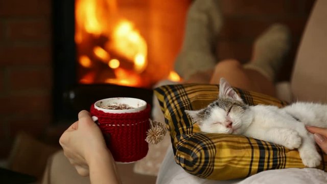 Woman relaxing on couch with warm drink, lying by the fireplace caressing her kitten, static camera