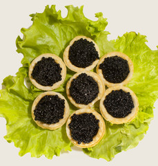 Black sturgeon caviar in tartlets on lettuce leaves. Isolated white background. The view from the...