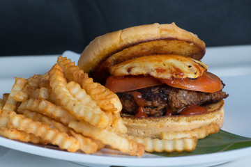 Cuban Pineapple Burger and French Fries