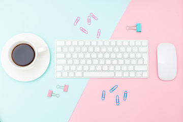Keyboard And Mouse On Two Tone Pastel Background Minimalist Style