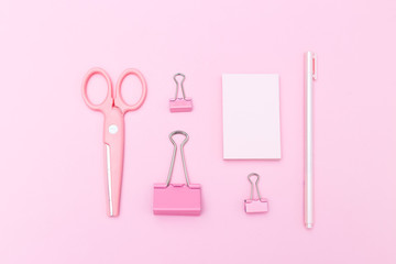 Pink stationery on pink background. Flat lay