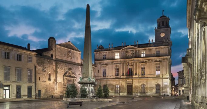 Town Hall of Arles and Place de la Republique square at dusk in Arles, Bouches-du-Rhone, France (static image with animated sky)
