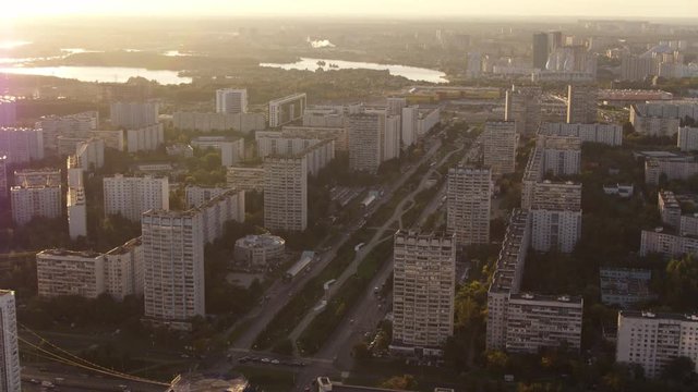Aerial view Sunrise and Moscow district Strogino 4k