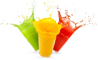 Poster Sap three glasses of juices splashing isolated on white