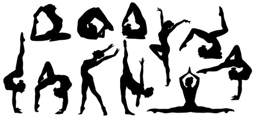 Gymnastics Poses Silhouette, Set of Flexible Gymnast Exercise, Acrobat Back Bend and Hand Stand...