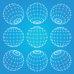 Set of 3d spheres globe earth grid from different sides. Horizontal and vertical lines, latitude and longitude. Neural information concept. Vector globe