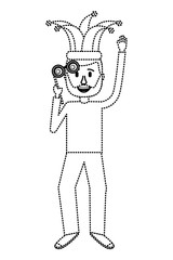 funny man holding silly glasses and jester hat vector illustration dotted line design