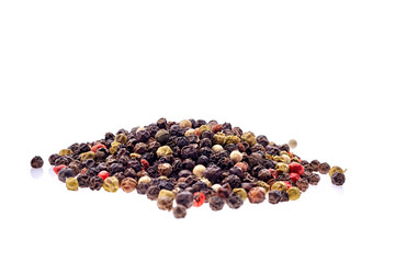 Seasoning - four kinds of pepper peas - isolated on white background