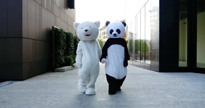 Panda and teddy bear around in the city
