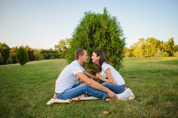 young romantic happy couple in love on picnic