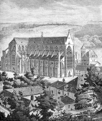 Germany, Altenberg cathedral, magnificent medieval building in gothic style, XIX century engraving