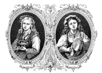 Fototapeta premium Happiness and affliction: girl happy with nest, girl sad with broken tambourine, vintage engraving