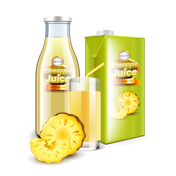 Pineapple juice in glass bottle and packaging 3d realistic vector