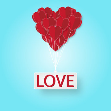 love and heart red balloons on sea blue background as paper art, craft style, Marriage and valentine's day concept. vector illustrator.