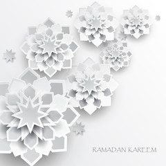 Greeting card with intricate Arabic paper graphic of Islamic geometric art. Ramadan Kareem is the name of the glorious month of Ramadan. Muslim community festival