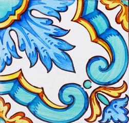 Obraz premium Detail of the traditional tiles from facade of old house. Decorative tiles.Valencian traditional tiles. Floral ornament. 