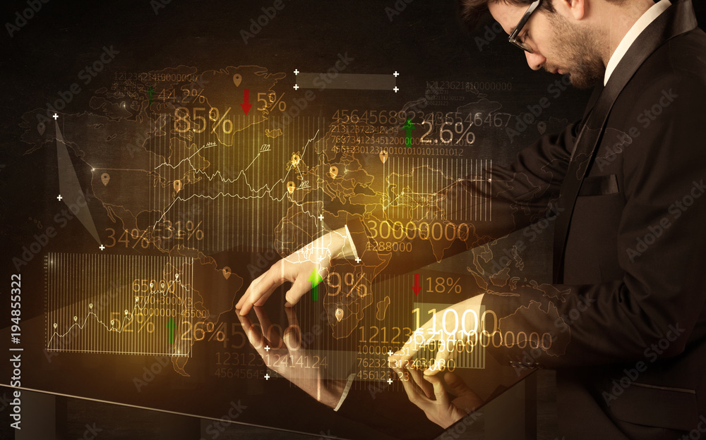 Poster Hands navigate on high tech smart table with business icons