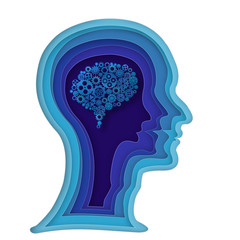 Origami layer of human head and light gear brain on blue background as business, science,intelligence idea, paper carve art and craft style concept. vector illustration.