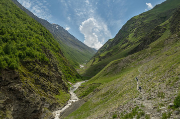 Obraz premium Three backpackers walking along the trail along the mountain river valley. Hills covered with green grass. A couple of clouds in the blue sky. Hot summer day at Caucasus mountains at Tusheti, Georgia