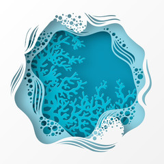 Paper underwater sea cave with coral reef, seabed in algae, waves. Paper cut deep style vector.  Deep blue marine life, diving concept. Ocean wildlife. Origami style © Meranna