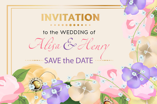 Wedding invitation template with beautiful flowers greeting card. Vector