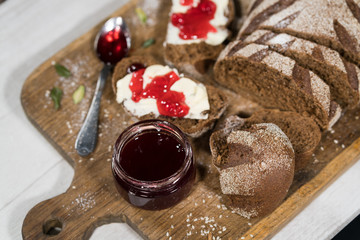 Sandwiches with bread, butter and jam