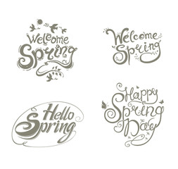 Spring. Four welcome templates to the spring. Inscription hand draw design.  Vector templates isolated on white background.