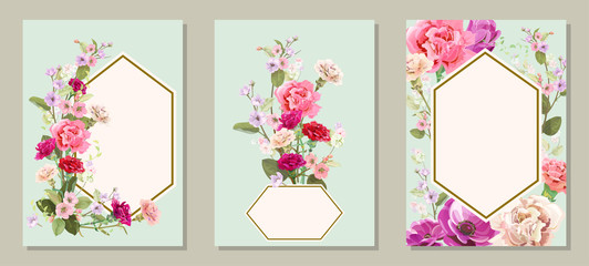 Set of vertical cards for Mother's Day with carnation, poppy, spring blossom: red, pink, white flowers, leaves, vintage background, botanical illustration, watercolor style, polygonal frame, vector