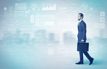 Businessman walking with database concept around