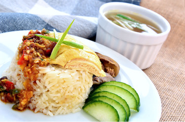Hainanese chicken rice (Thai name is Khao man kai)