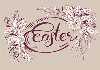 Hand drawn lettering Happy Easter and floral wreath. Monochrome vector illustration.