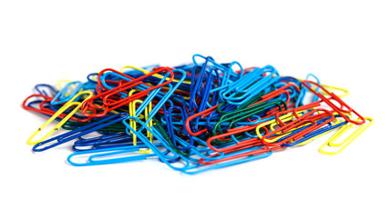 Bunch of colorful paper clips isolated on white background