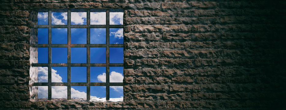 Prison, jail window with rusty bars and blue sky view on brick wall background. Banner, copy space. 3d illustration