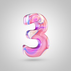 Glossy holographic pink number 3 isolated on white background