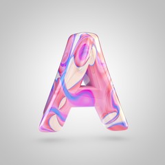 Glossy holographic pink letter A uppercase isolated on white background