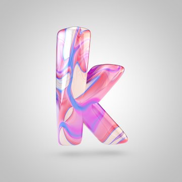 Glossy holographic pink letter K lowercase isolated on white background