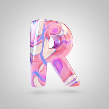 Glossy holographic pink letter R uppercase isolated on white background