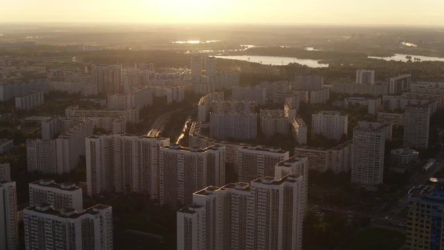 Aerial view Sunrise and Moscow district Strogino 4k