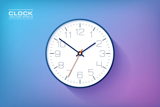 Realistic simple Clock in flat style with numbers, watch on purple and blue background. Business illustration for you presentation. Vector design object.